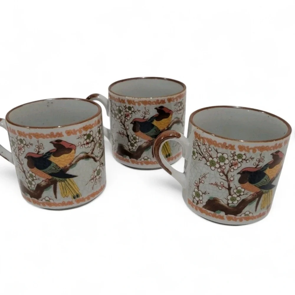 Vintage Asian Style Stoneware Tea Cups Bird Motif Set of 3 Chinoiserie